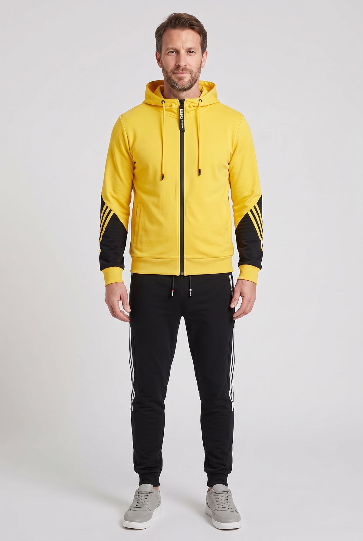 Men's Tracksuit | Hooded Zip-Up with Stripe Sleeve Detail - Yellow