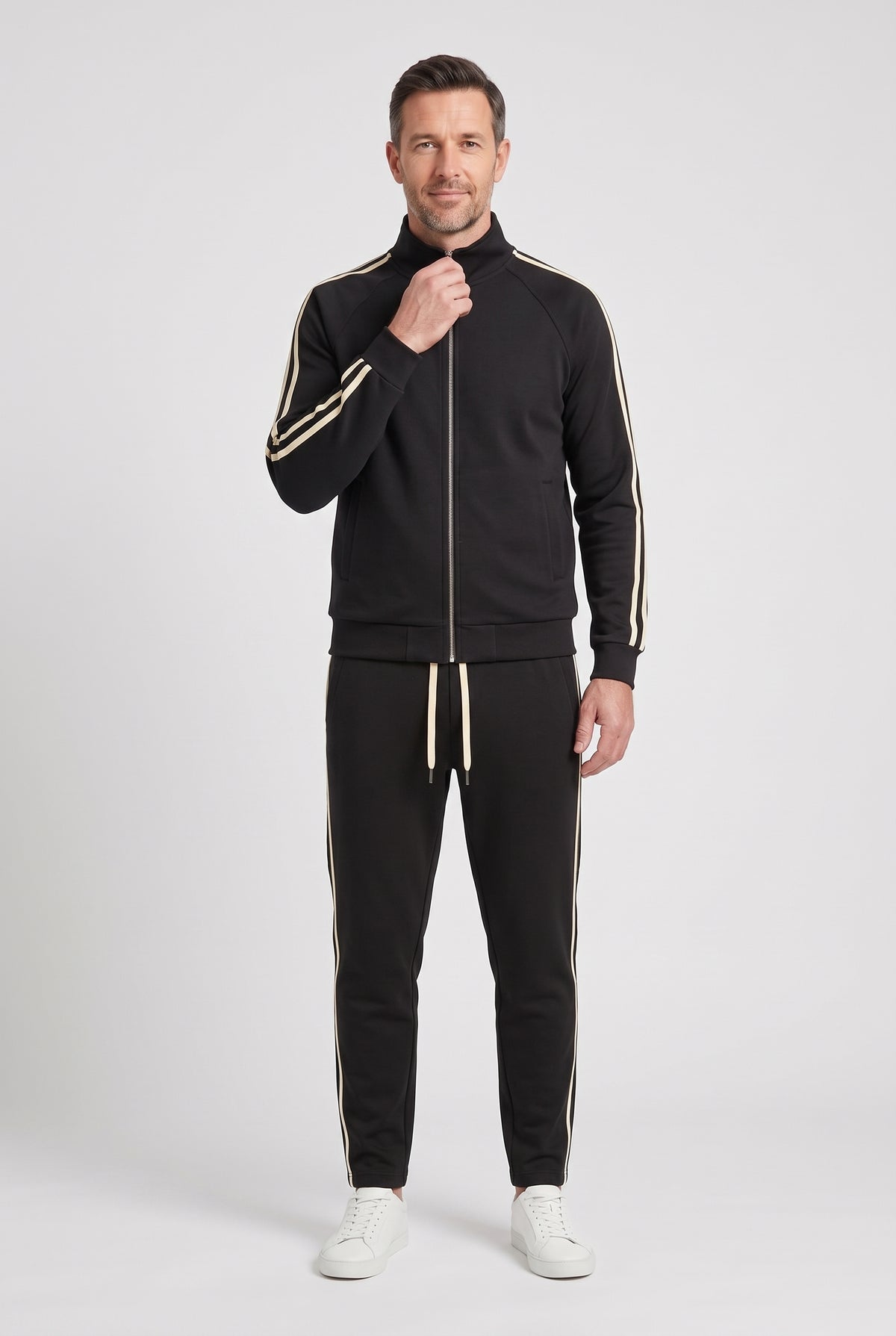 Men's Tracksuit | Stand Collar Zip-Up with Contrast Stripes - Black