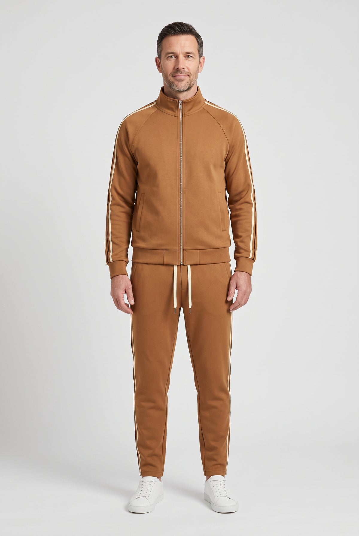 Men's Tracksuit | Stand Collar Zip-Up with Contrast Stripes - Brown