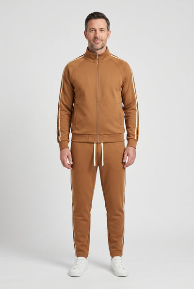 Men's Tracksuit | Stand Collar Zip-Up with Contrast Stripes - Brown