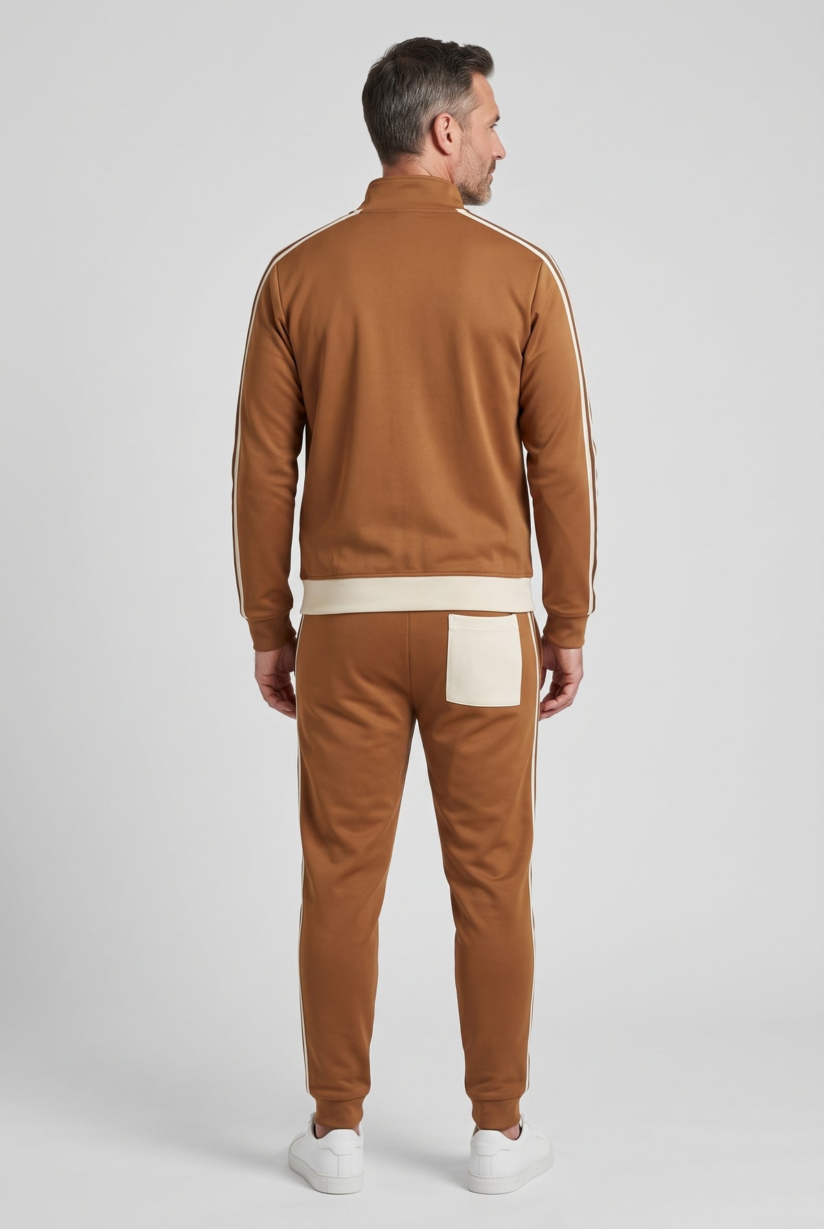 Men's Tracksuit | Stand Collar Zip-Up with Contrast Stripes - Brown back