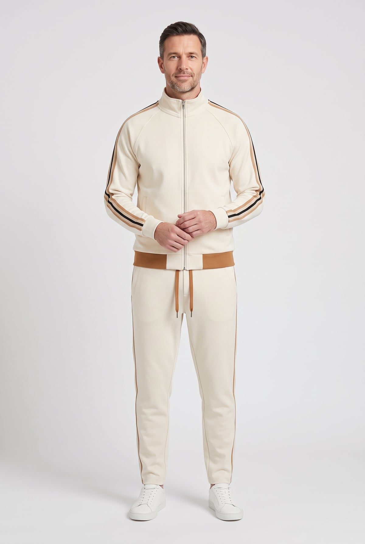 Men's Tracksuit | Stand Collar Zip-Up with Contrast Stripes - Cream