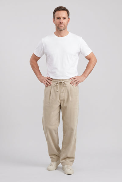 Men's Trousers | Wide Leg Corduroy with Drawstring - Beige