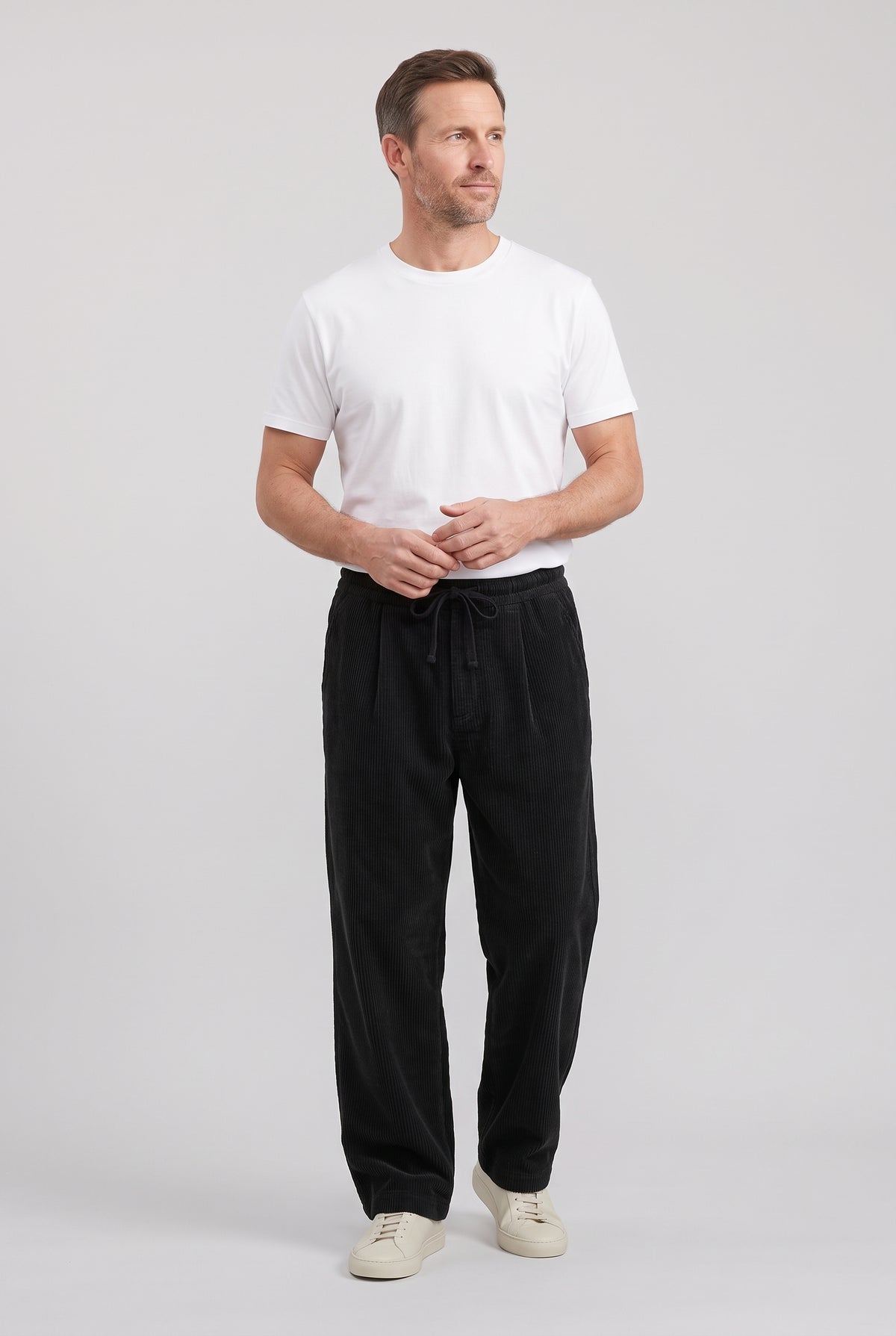 Men's Trousers | Wide Leg Corduroy with Drawstring - Black