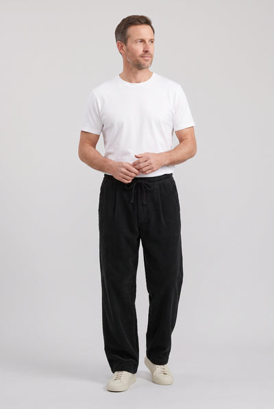 Men's Trousers | Wide Leg Corduroy with Drawstring - Black