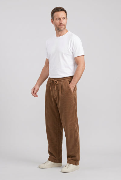 Men's Trousers | Wide Leg Corduroy with Drawstring - Brown
