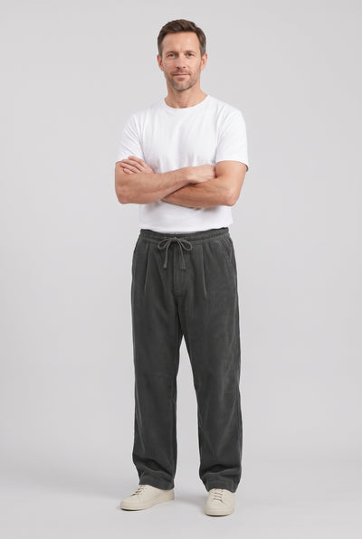 Men's Trousers | Wide Leg Corduroy with Drawstring - Dark Grey