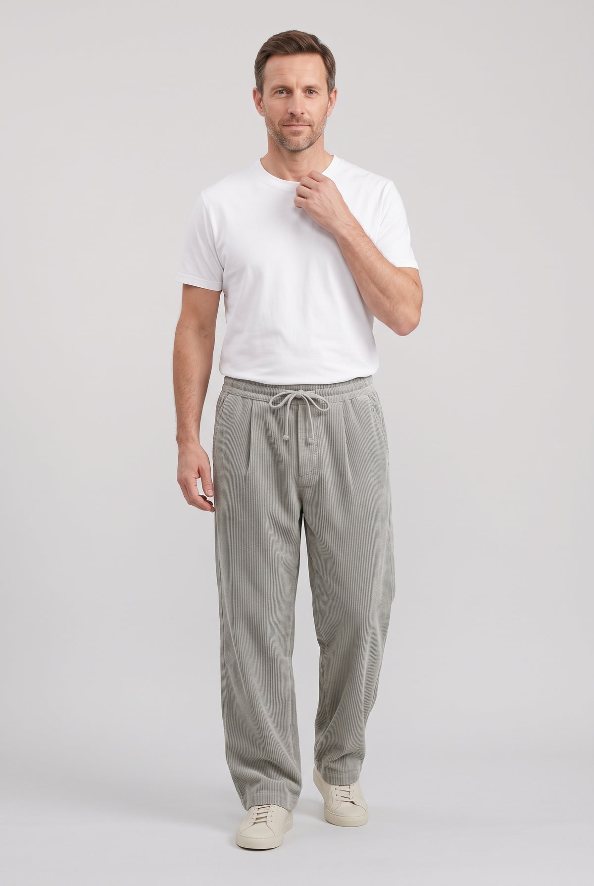 Men's Trousers | Wide Leg Corduroy with Drawstring - Grey