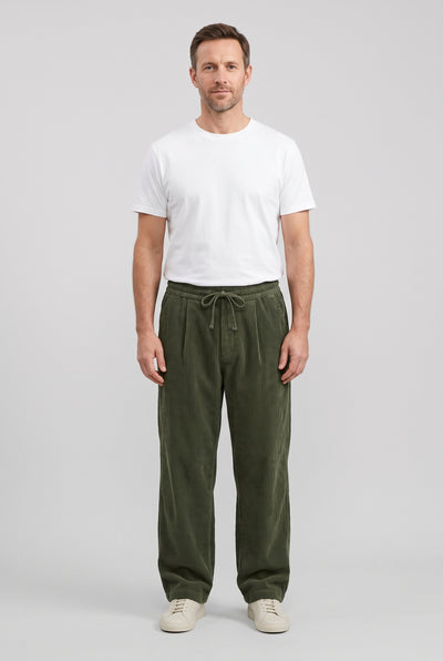 Men's Trousers | Wide Leg Corduroy with Drawstring - Olive