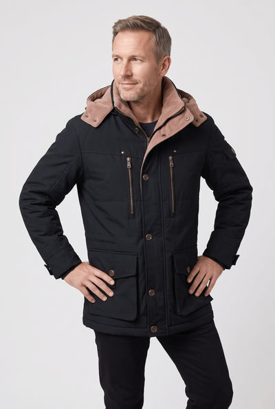 Men's Winter Jacket | Utility Parka with Fleece-Lined Hood - Black