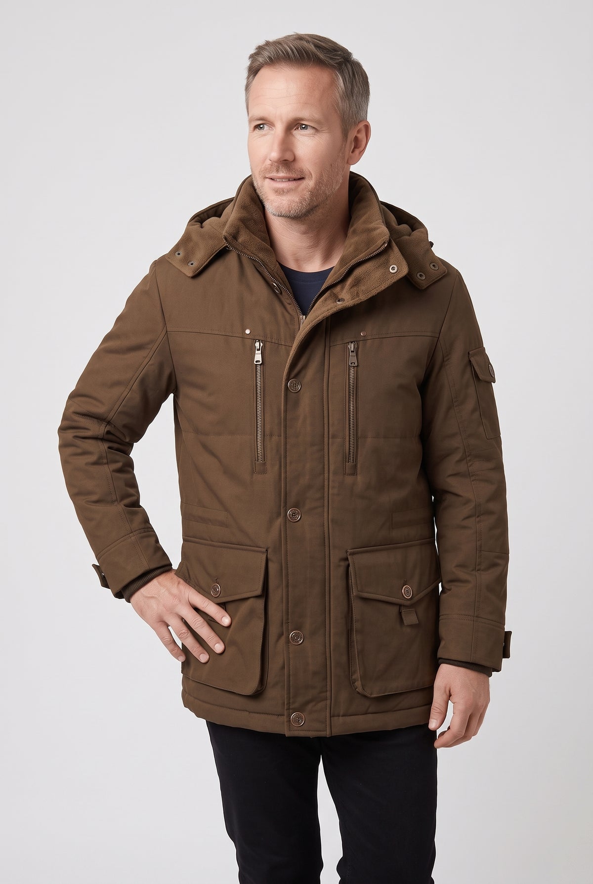 Men's Winter Jacket | Utility Parka with Fleece-Lined Hood - Brown