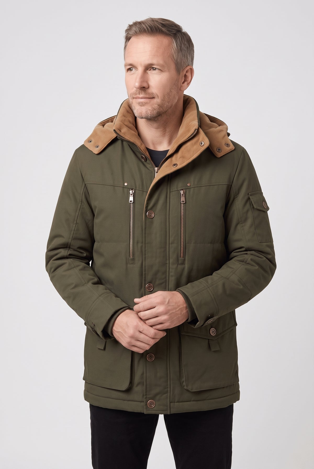 Men's Winter Jacket | Utility Parka with Fleece-Lined Hood - Olive