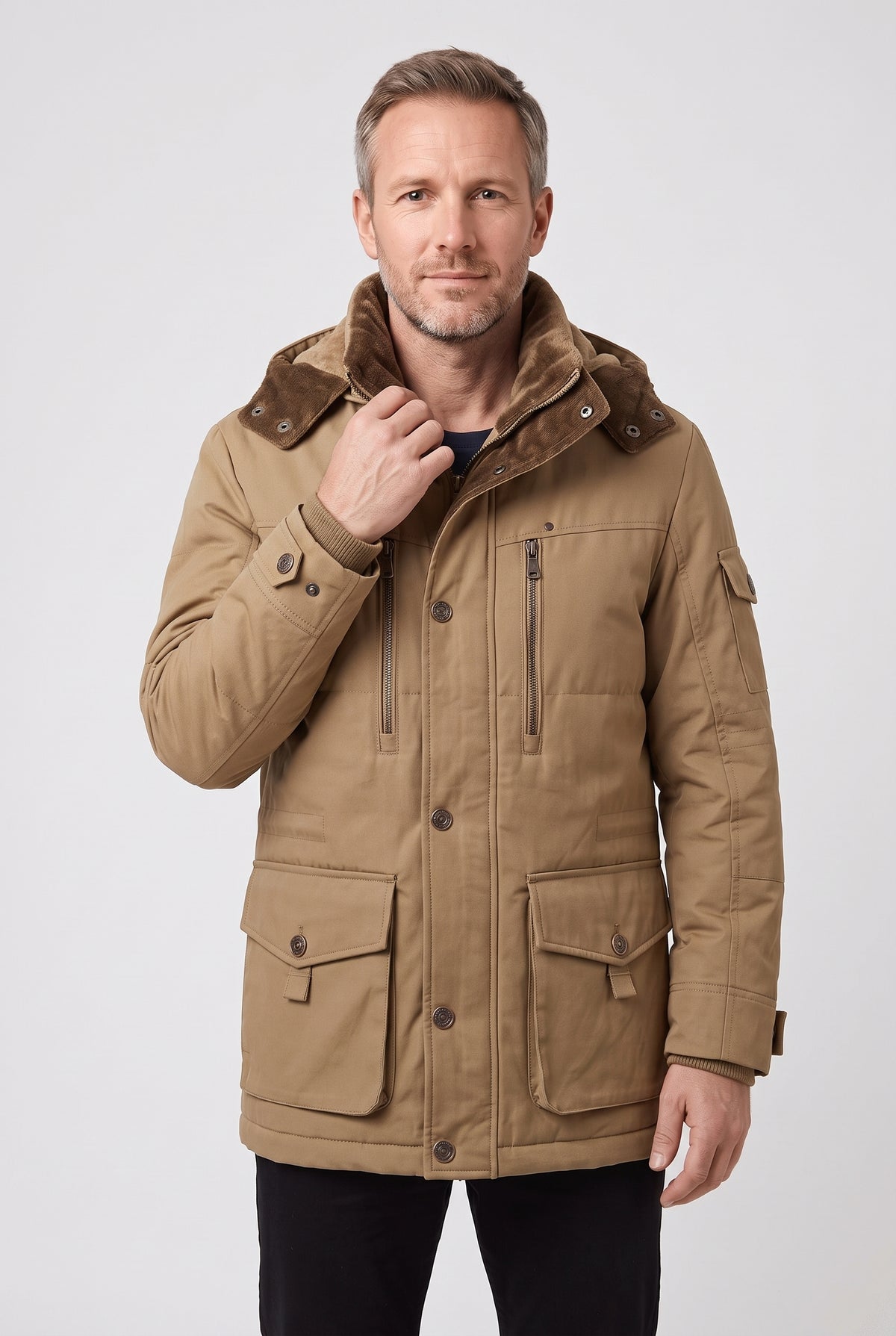 Men's Winter Jacket | Utility Parka with Fleece-Lined Hood - Sand