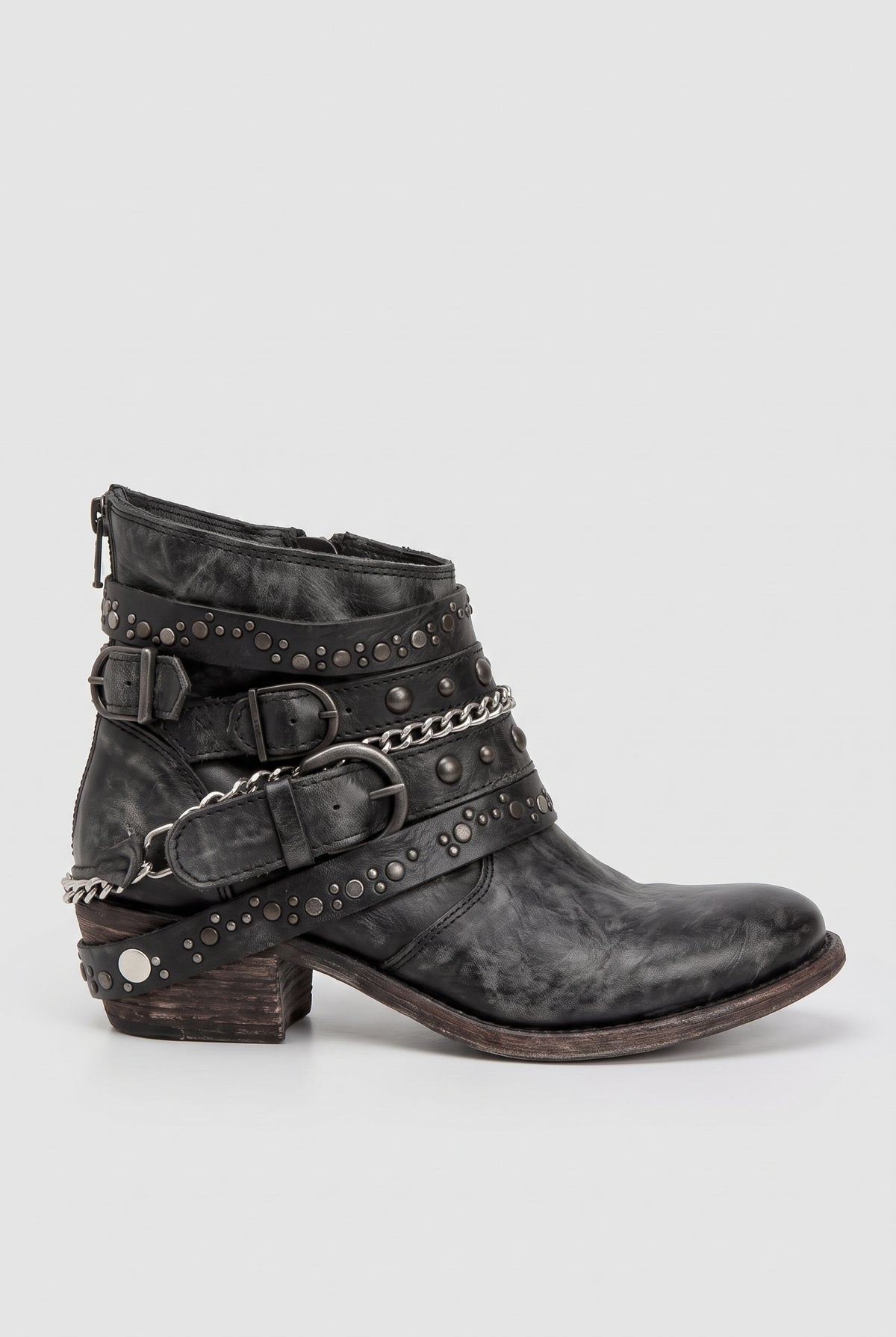 Women's Ankle Boots | Buckle Strap Biker with Chain Detail - Black