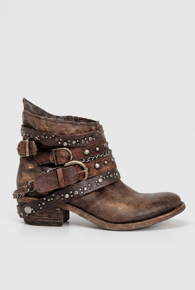 Women's Ankle Boots | Buckle Strap Biker with Chain Detail - Brown