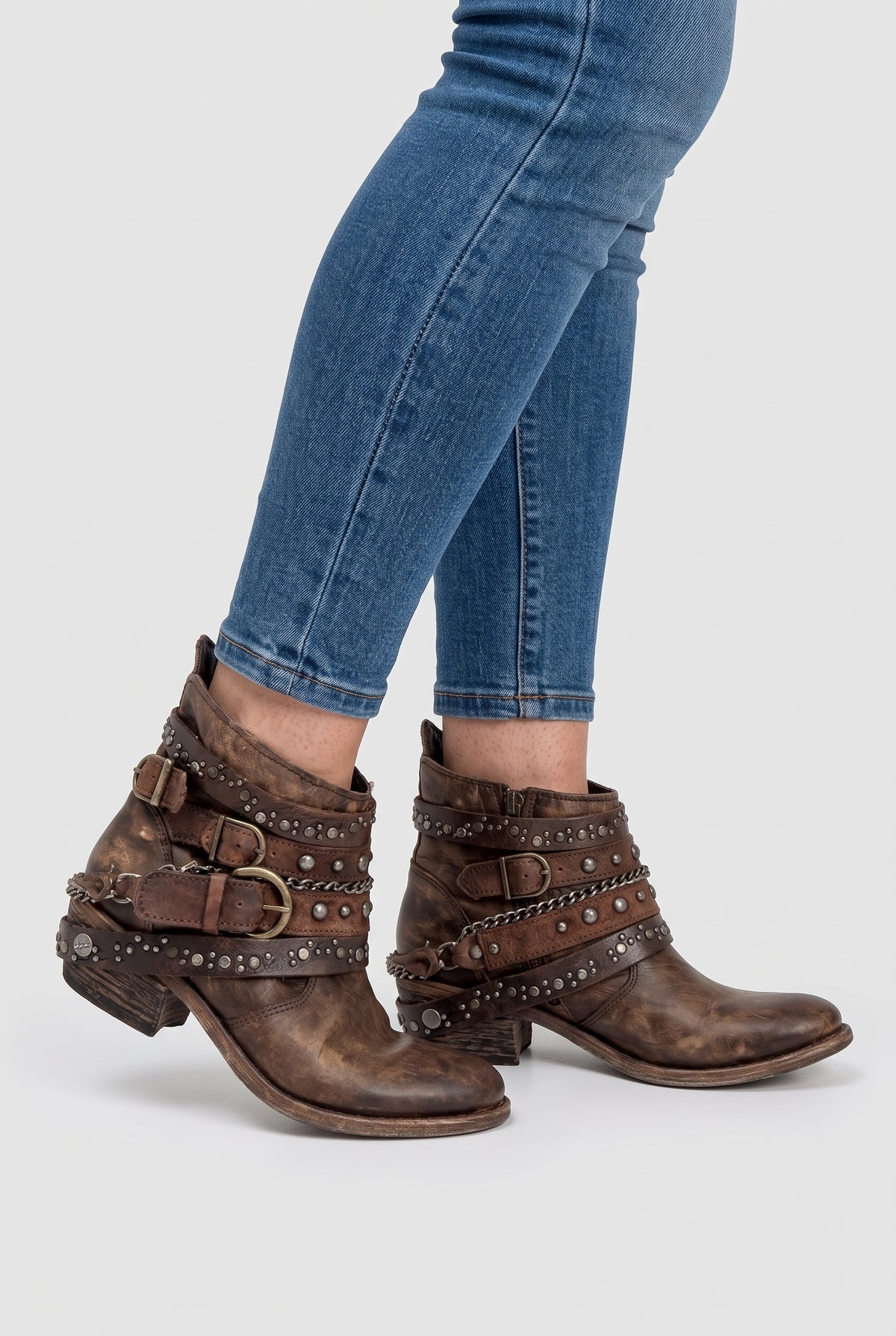Women's Ankle Boots | Buckle Strap Biker with Chain Detail - Brown worn