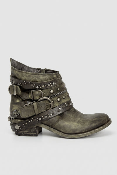 Women's Ankle Boots | Buckle Strap Biker with Chain Detail - Olive