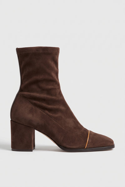 Women's Ankle Boots | Suede-Look Sock Style with Square Toe - Brown