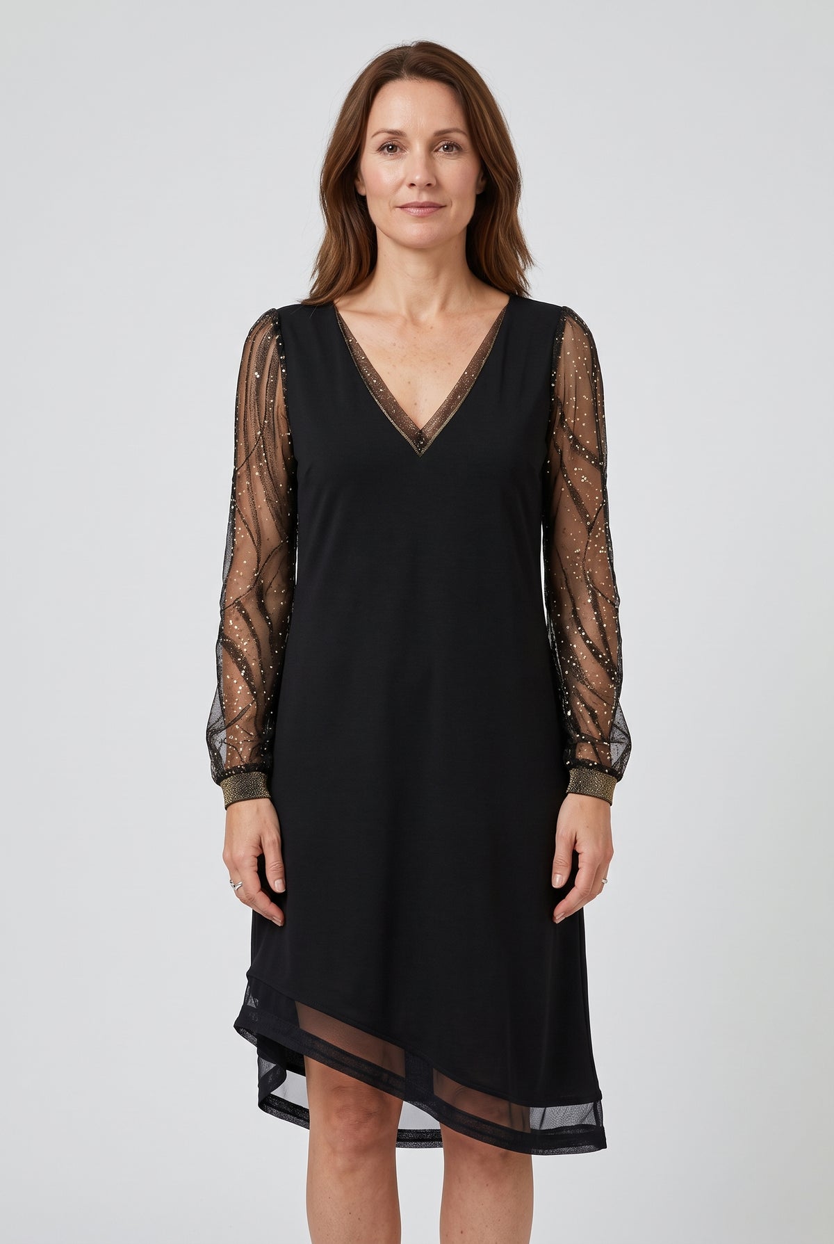 Women's Black Dress | Sparkle Mesh Sleeves with V-Neck - Black