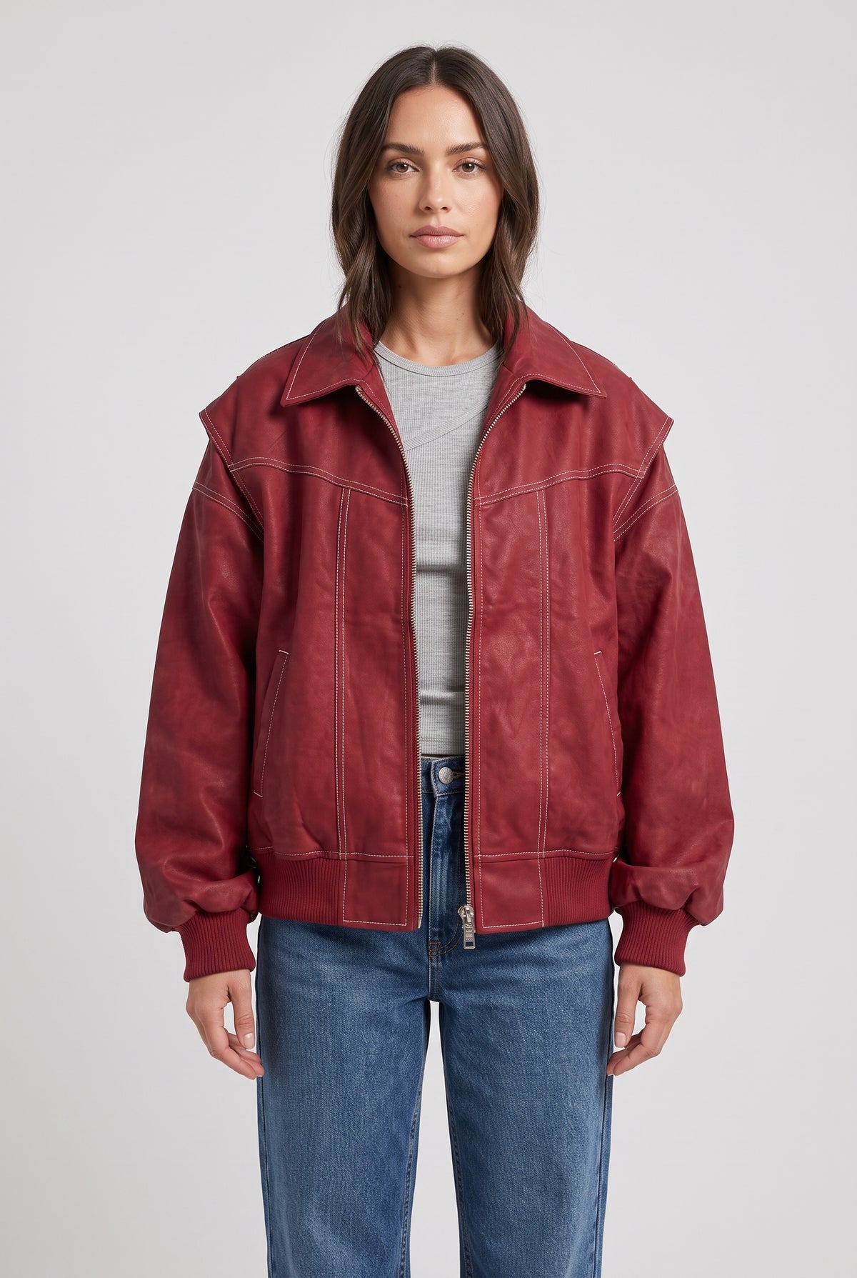 Women's Bomber Jacket | Oversized with Contrast Stitching - Red