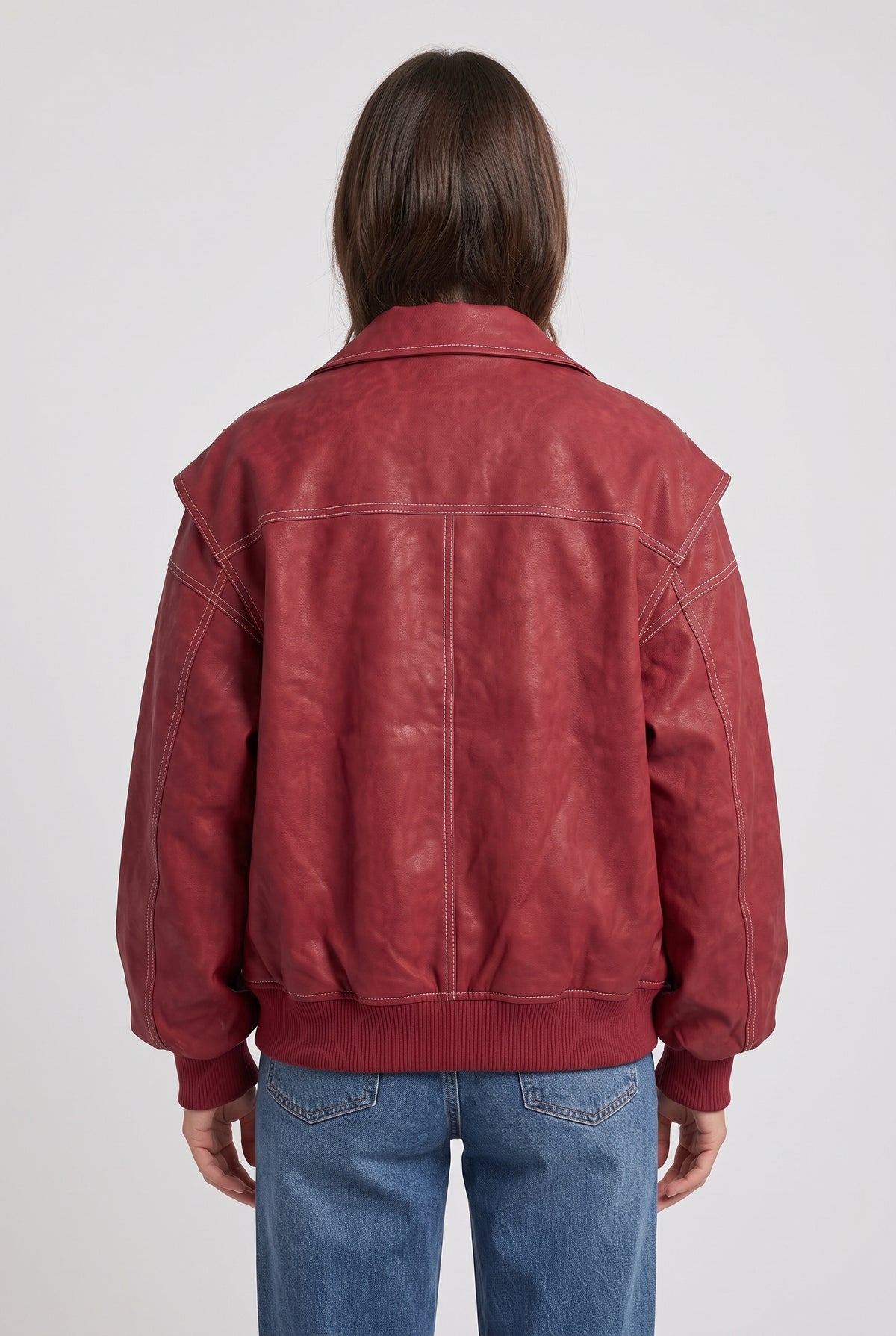 Women's Bomber Jacket | Oversized with Contrast Stitching - Red back