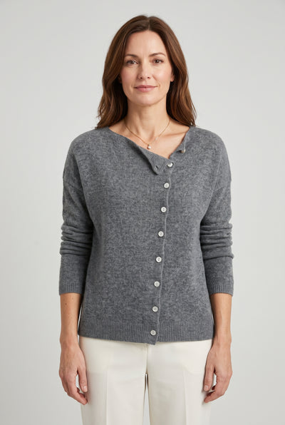 Women's Cardigan | Asymmetric Button Fine Knit - Charcoal
