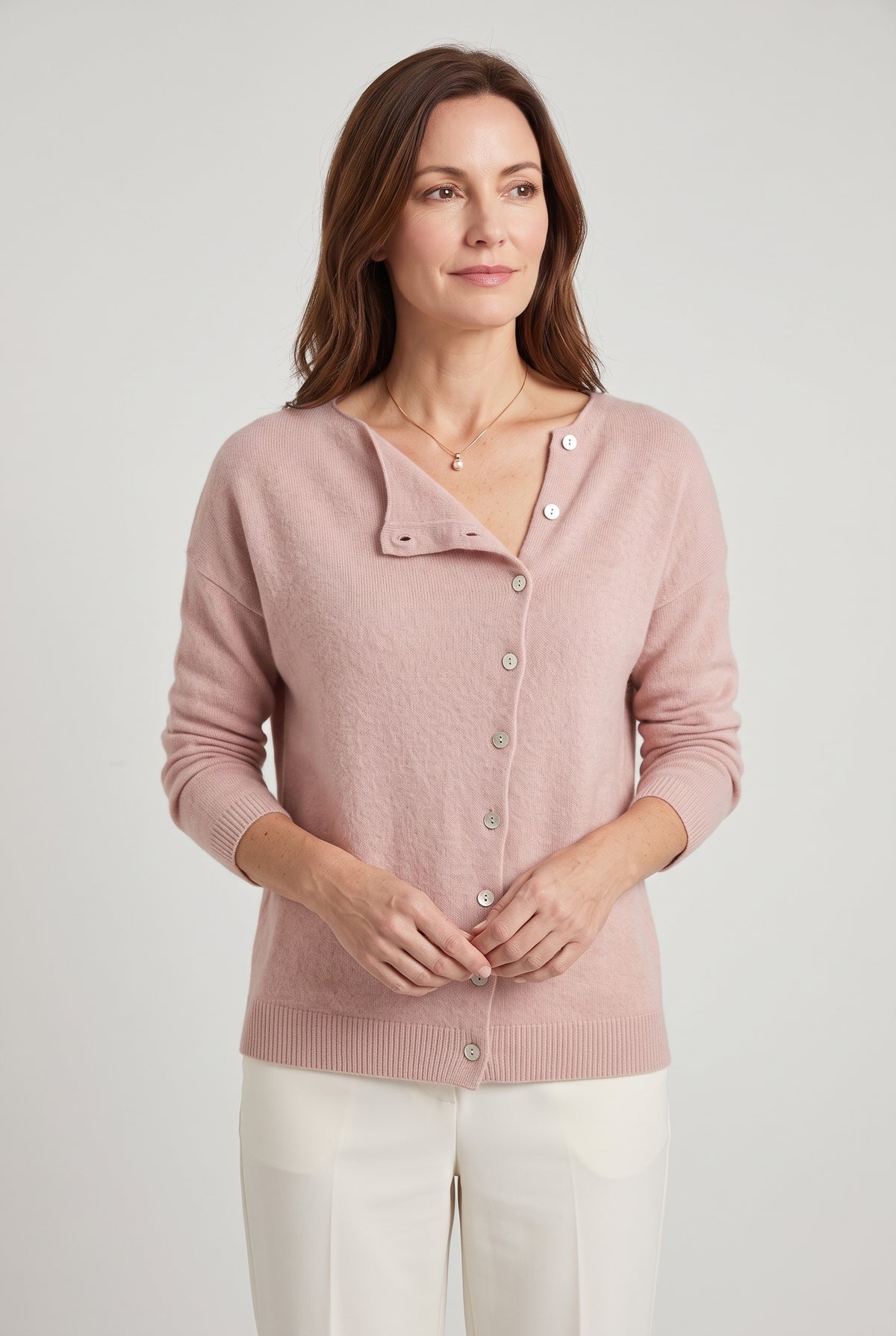 Women's Cardigan | Asymmetric Button Fine Knit - Pink