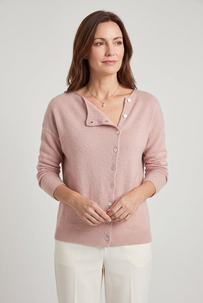 Women's Cardigan | Asymmetric Button Fine Knit - Pink