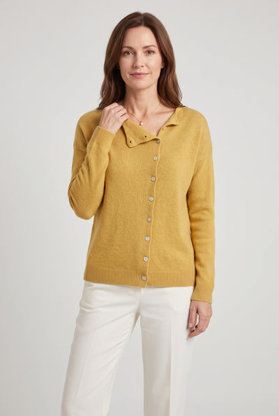 Women's Cardigan | Asymmetric Button Fine Knit - Yellow