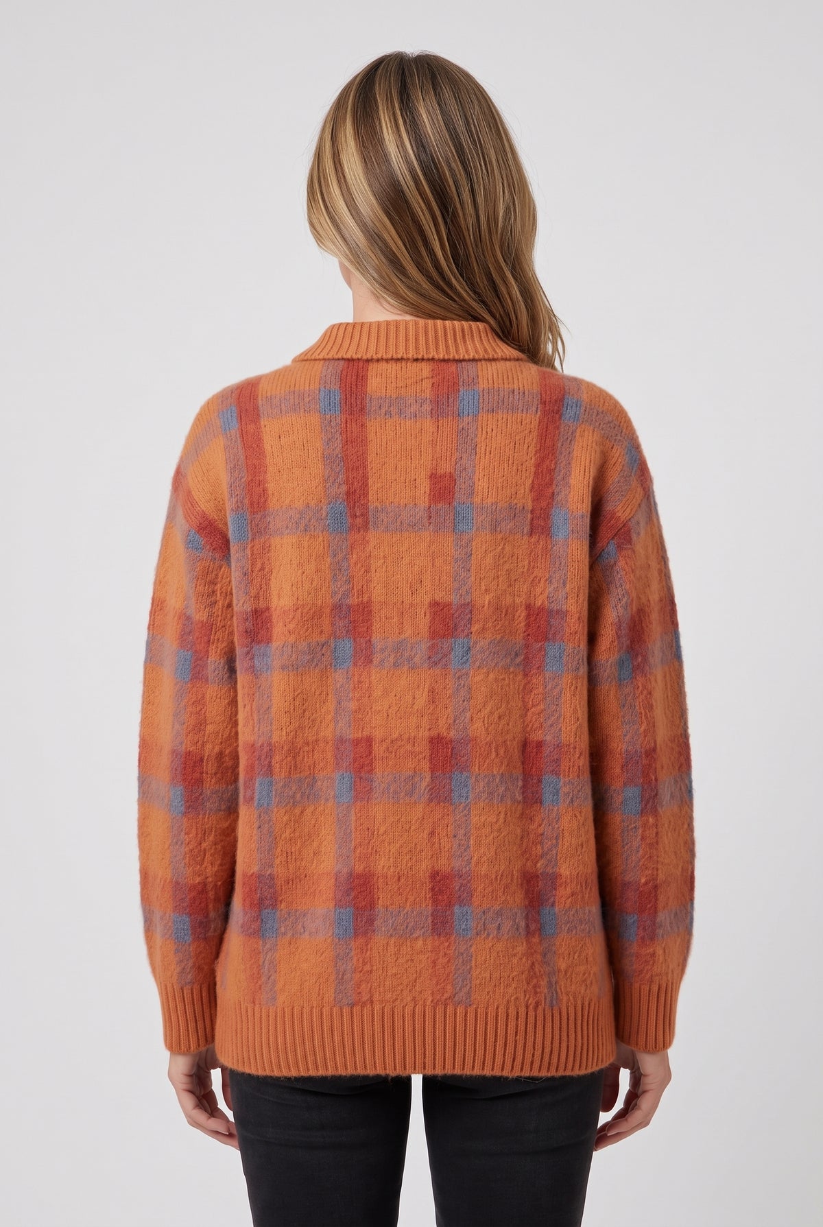 Women's Cardigan | Checked Knit with Shirt Collar - Orange back