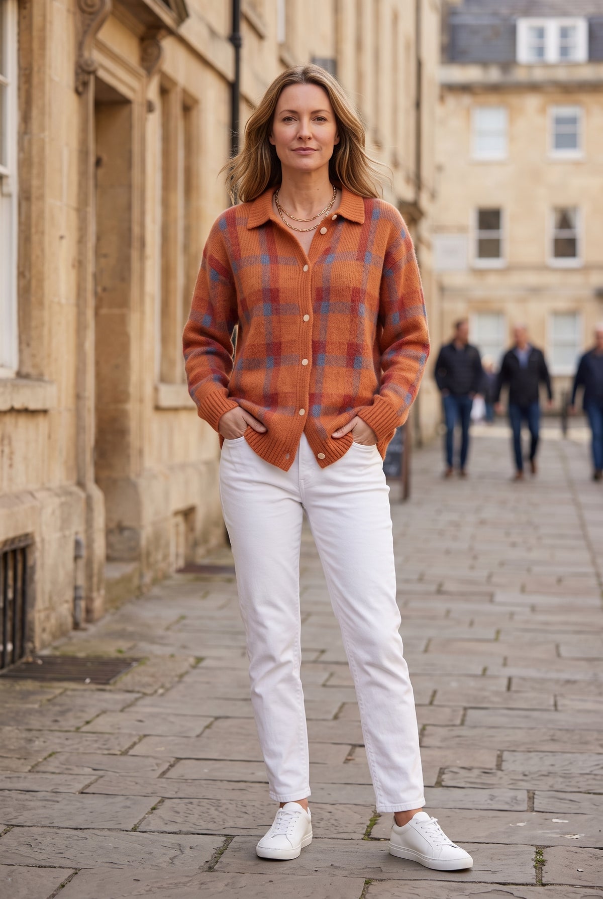 Women's Cardigan | Checked Knit with Shirt Collar - Orange lifestyle