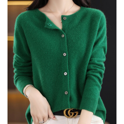 Women's Cardigan | Crew Neck Soft Knit Button-Up - Green