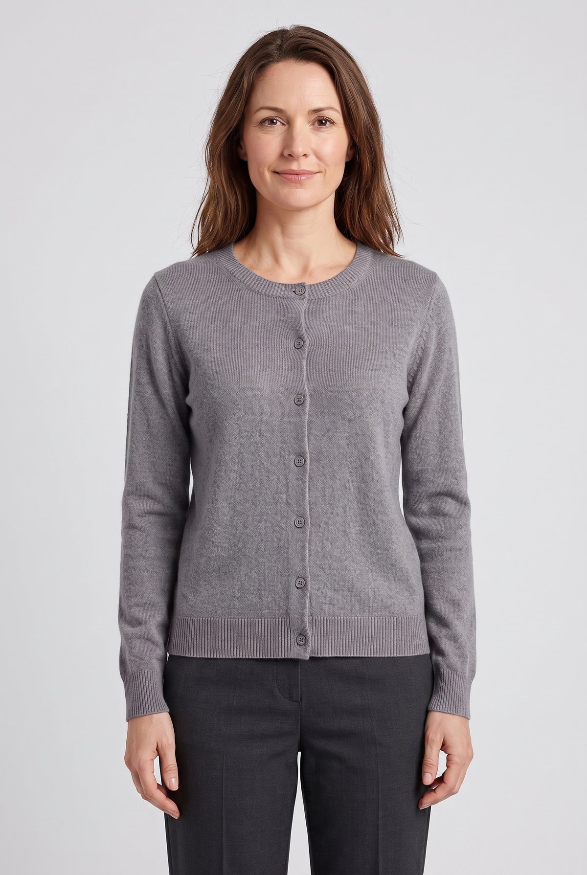 Women's Cardigan | Crew Neck Soft Knit Button-Up - Grey