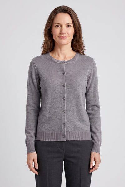 Women's Cardigan | Crew Neck Soft Knit Button-Up - Grey