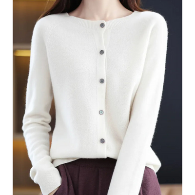 Women's Cardigan | Crew Neck Soft Knit Button-Up - Ivory