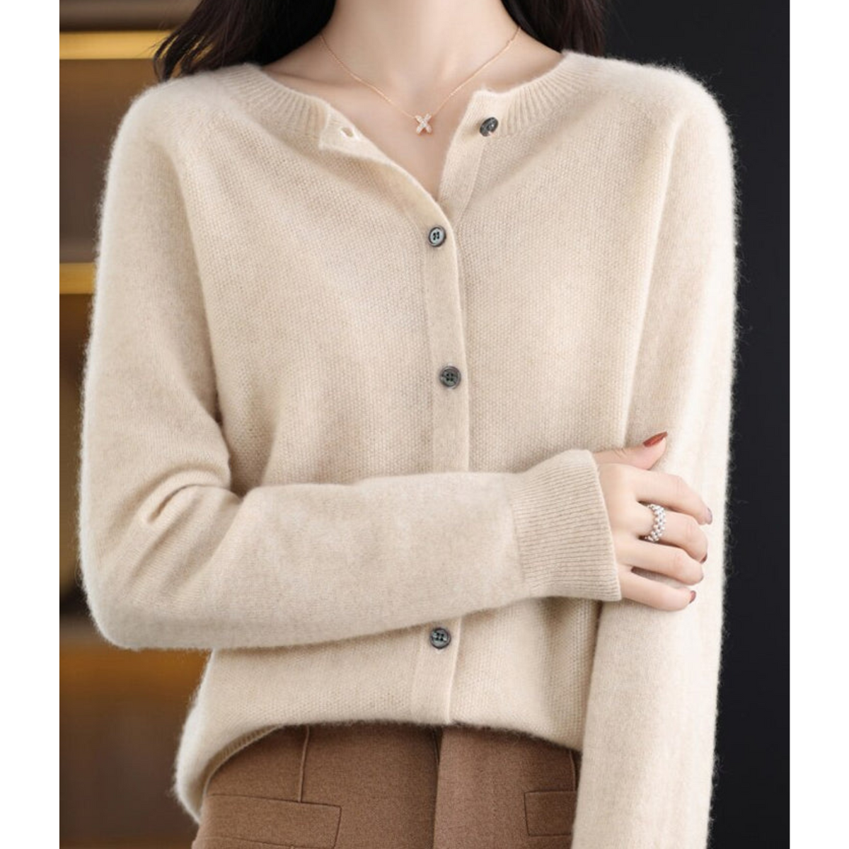 Women's Cardigan | Crew Neck Soft Knit Button-Up - Oatmeal