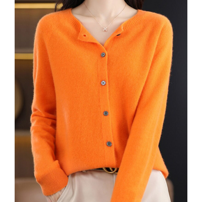 Women's Cardigan | Crew Neck Soft Knit Button-Up - Orange