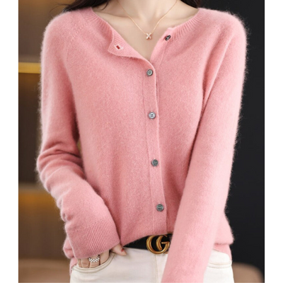 Women's Cardigan | Crew Neck Soft Knit Button-Up - Pink