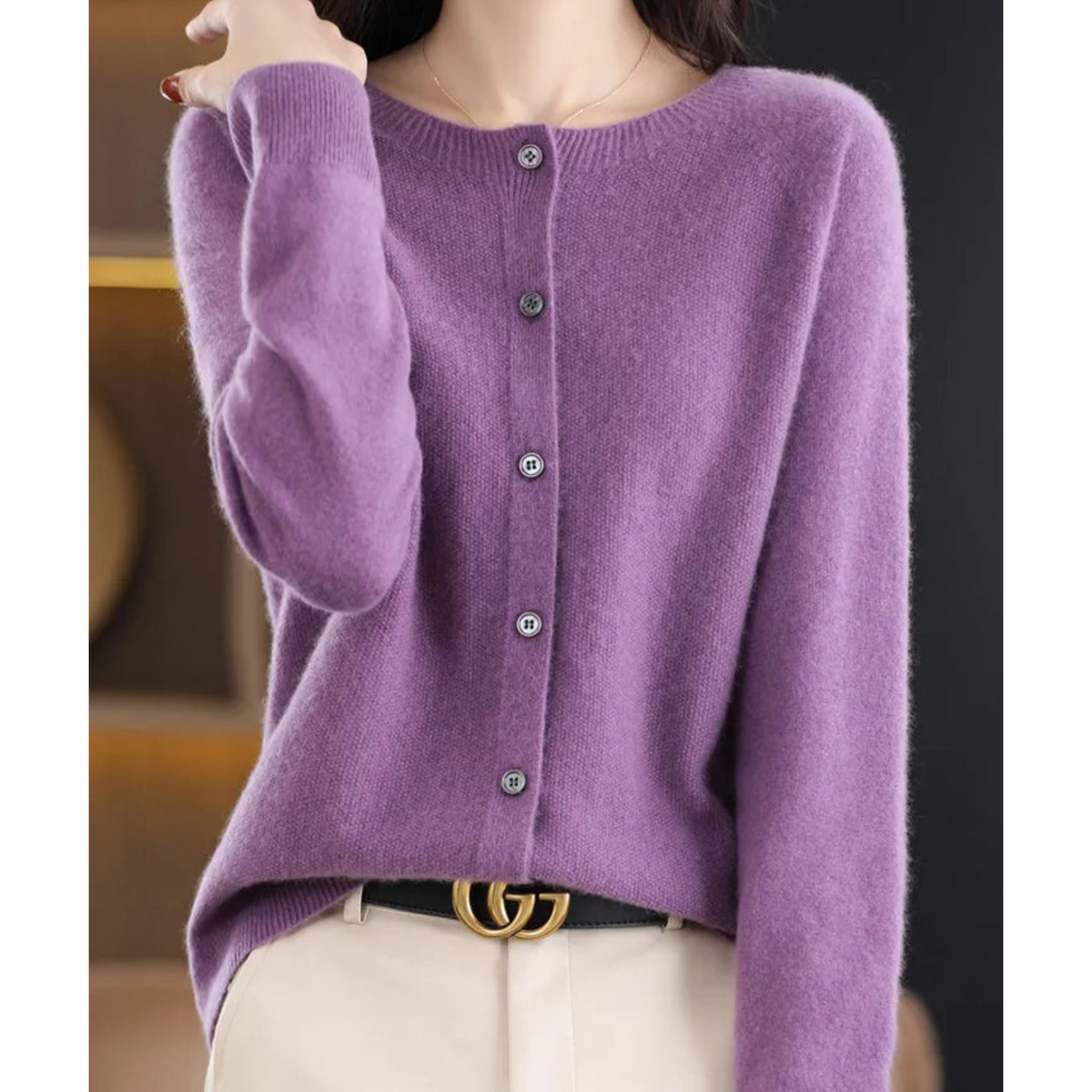 Women's Cardigan | Crew Neck Soft Knit Button-Up - Purple
