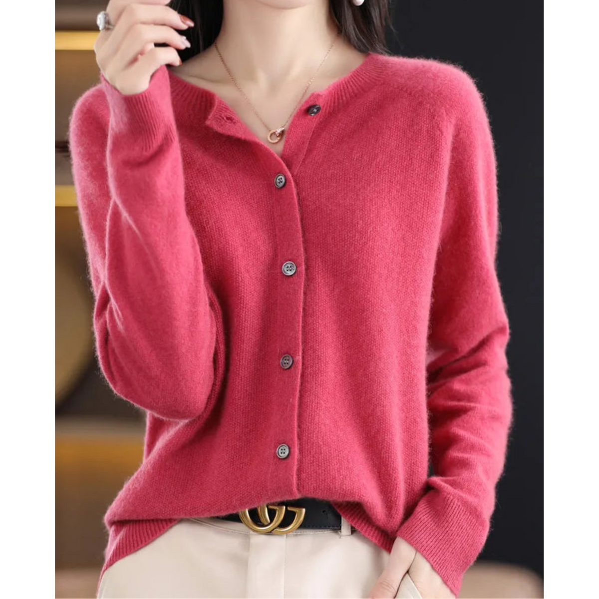 Women's Cardigan | Crew Neck Soft Knit Button-Up - Raspberry