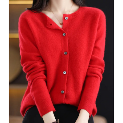 Women's Cardigan | Crew Neck Soft Knit Button-Up - Red