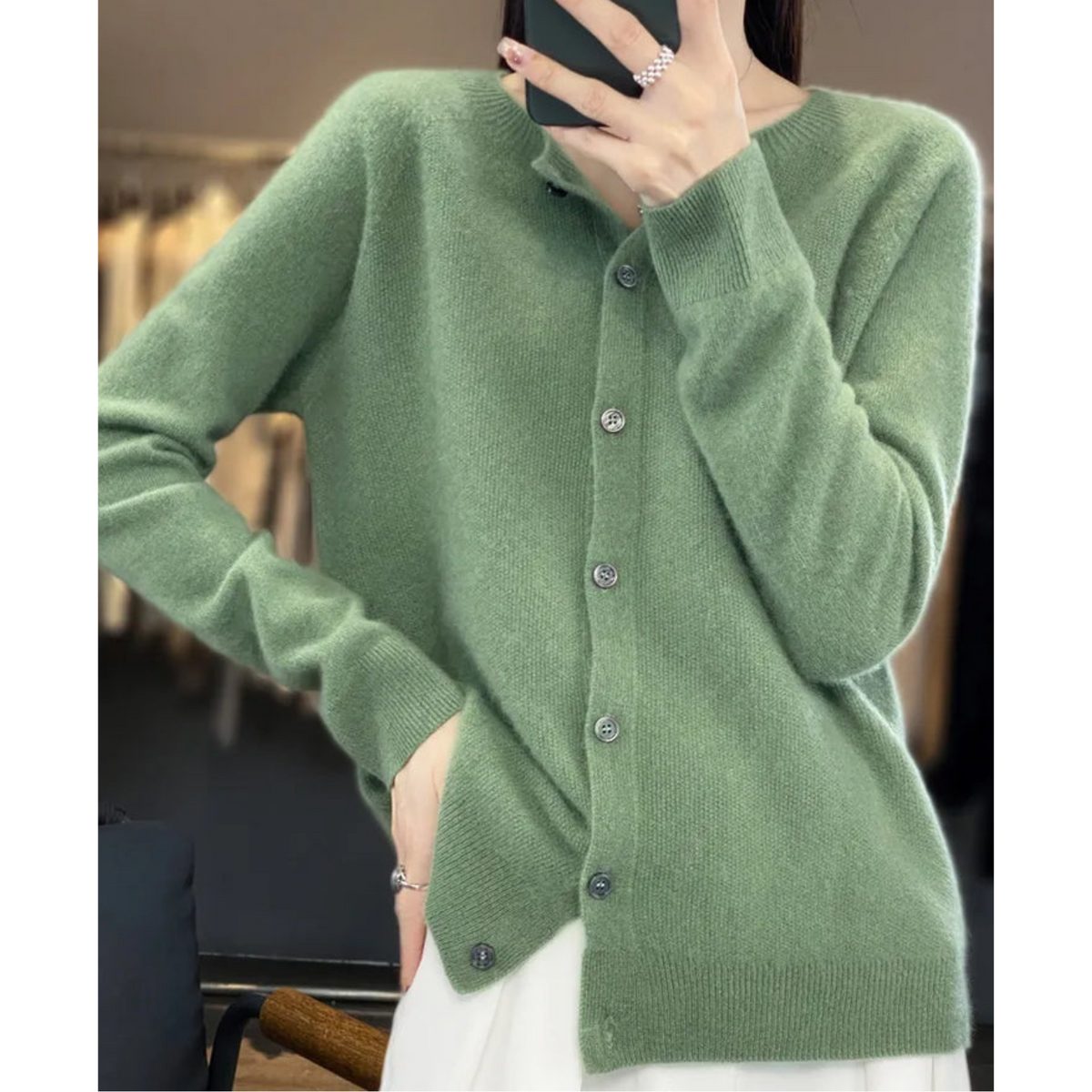 Women's Cardigan | Crew Neck Soft Knit Button-Up - Sage Green