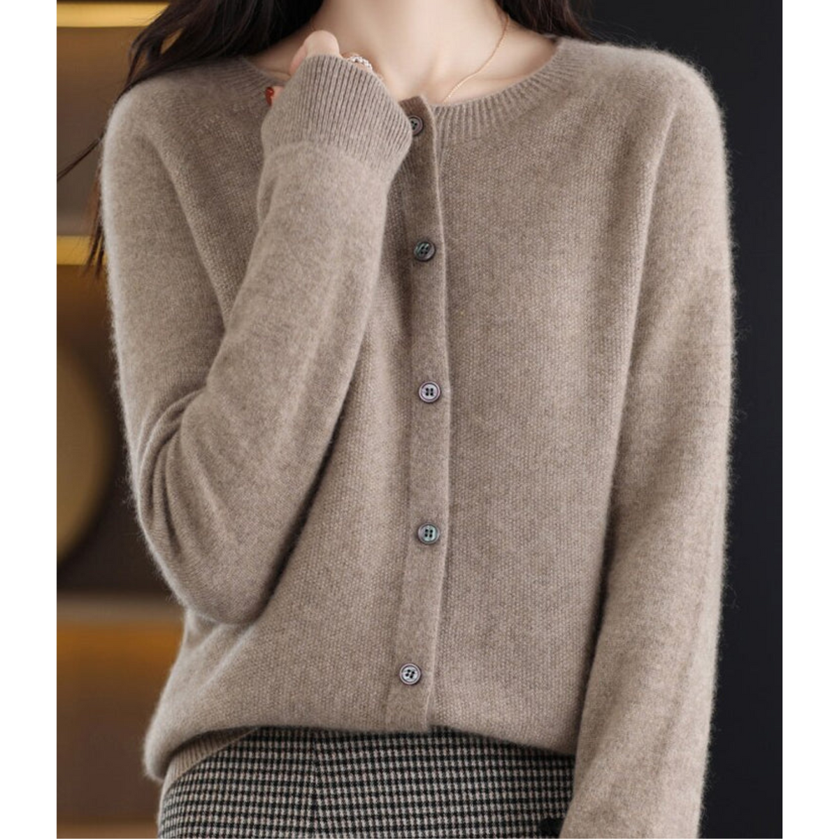Women's Cardigan | Crew Neck Soft Knit Button-Up - Taupe