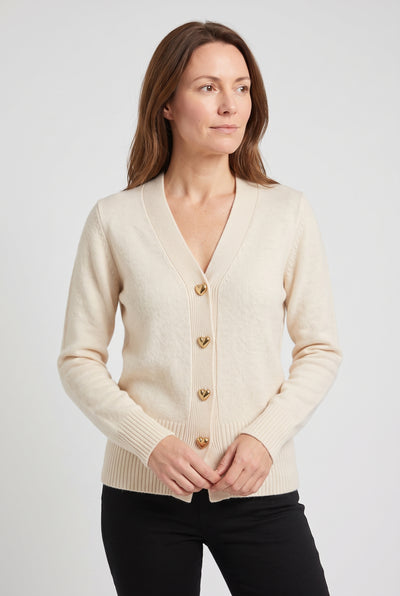 Women's Cardigan | V-Neck with Heart Buttons - Cream