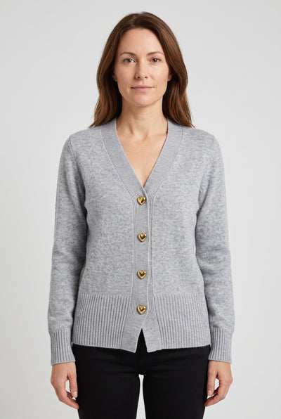 Women's Cardigan | V-Neck with Heart Buttons - Grey