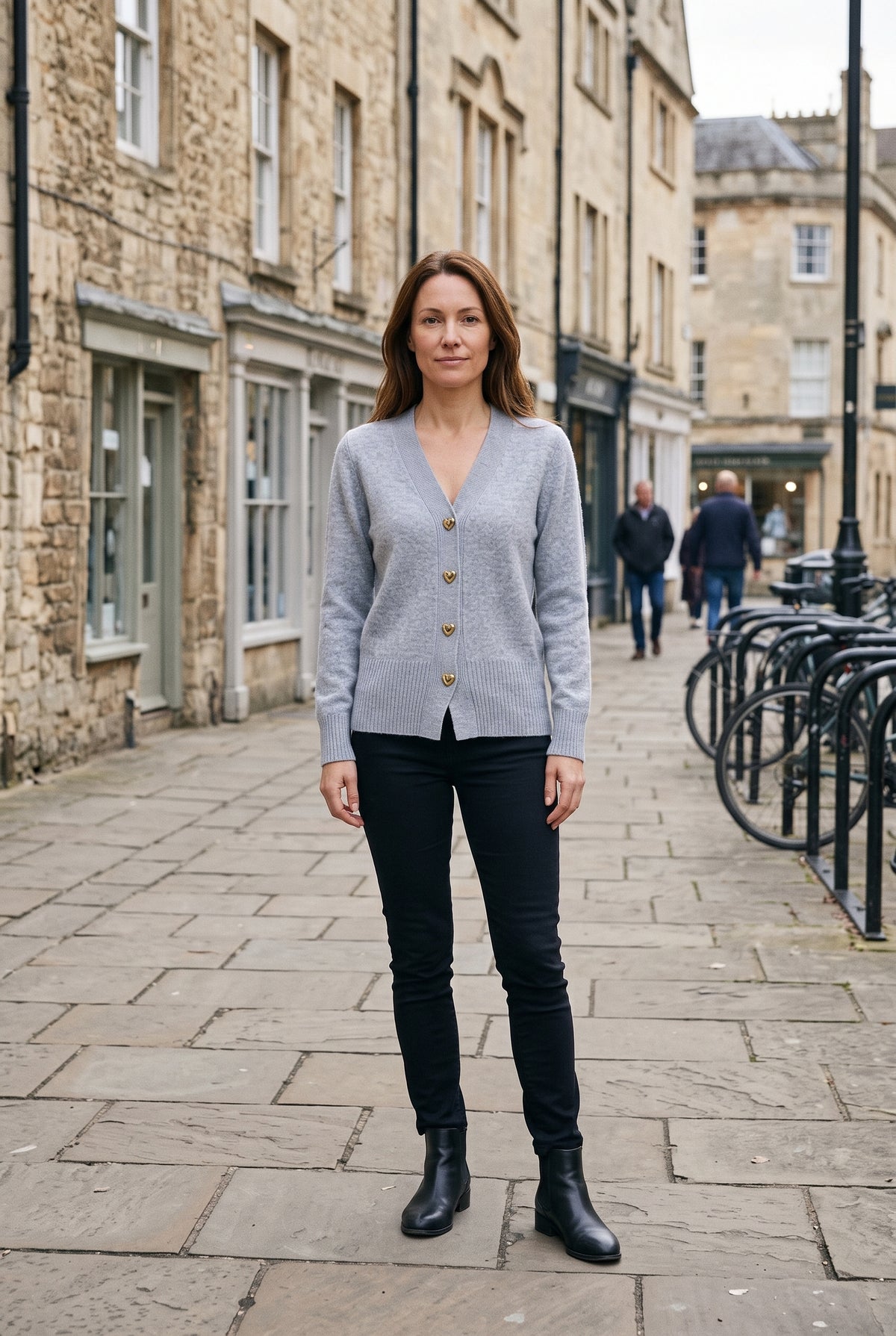Women's Cardigan | V-Neck with Heart Buttons - Grey lifestyle