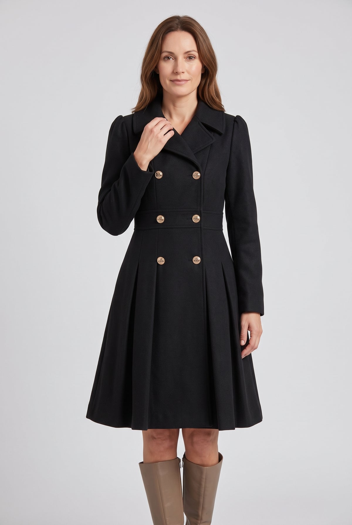 Women's Coat | Double-Breasted Pleated Flare - Black