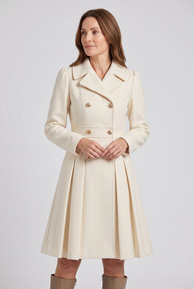 Women's Coat | Double-Breasted Pleated Flare - Cream