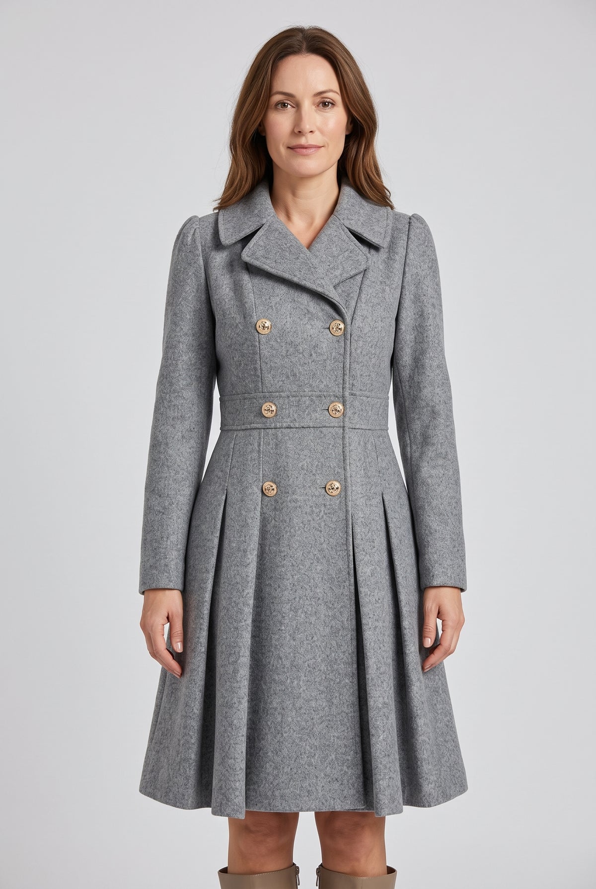 Women's Coat | Double-Breasted Pleated Flare - Grey