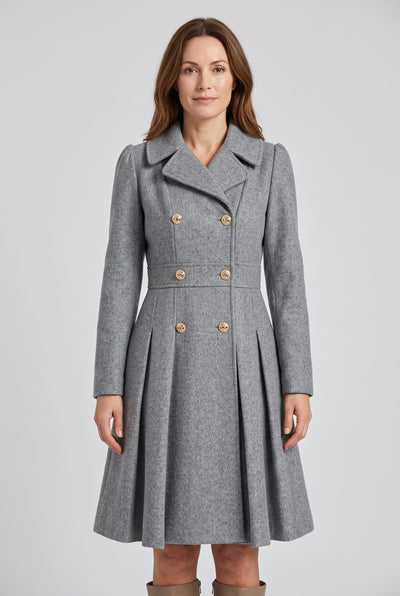 Women's Coat | Double-Breasted Pleated Flare - Grey